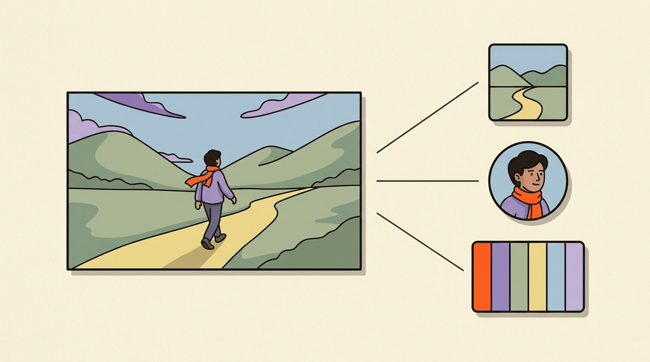 One shot prompt, assembled from its references — the assigned location, the character tokens in frame, and the project style guide.