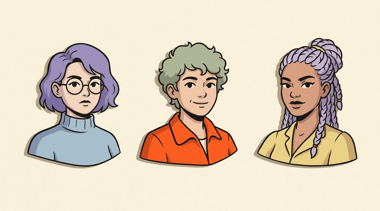A character's portrait, sheet, and expressions kept at one uniform scale — the references every cast member carries.