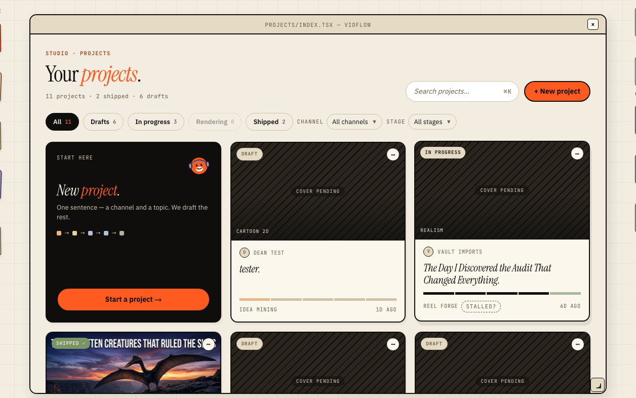 The VidFlow projects dashboard with the New project card, search, and channel/stage filters