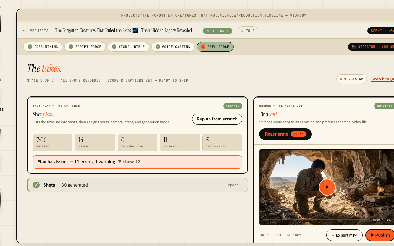 The Production stage “takes” view with shot stats, the shot list, and a rendered clip preview on the right